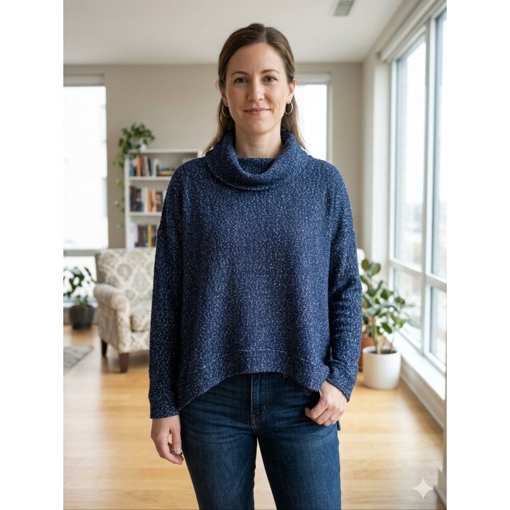 Lands' End Blue Marled Cowl Neck Sweater Preppy Casual Size L